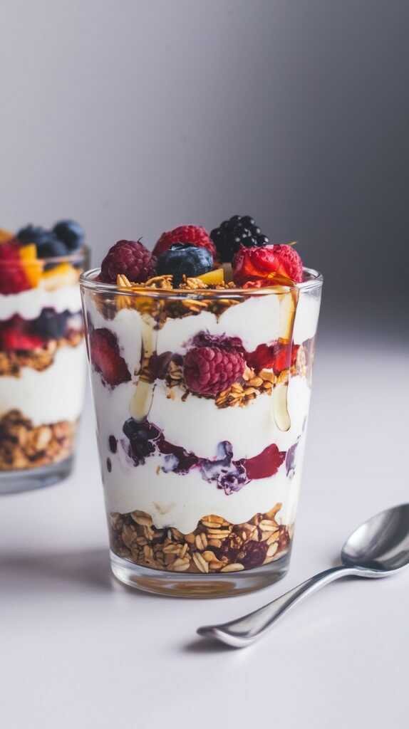 A delicious Greek yogurt parfait with layers of granola and fresh berries.