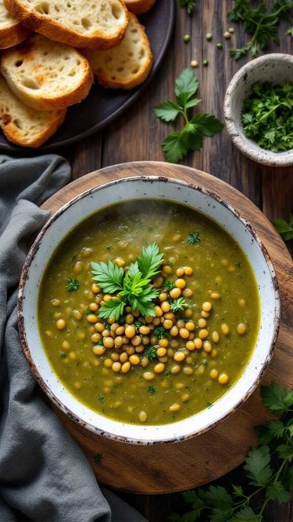 A bowl of green lentil soup garnished with fresh herbs, accompanied by slices of bread.