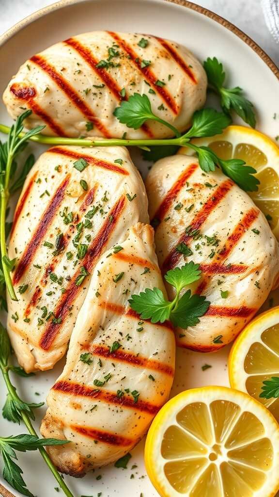 Grilled Lemon Herb Chicken served with lemon slices and fresh herbs