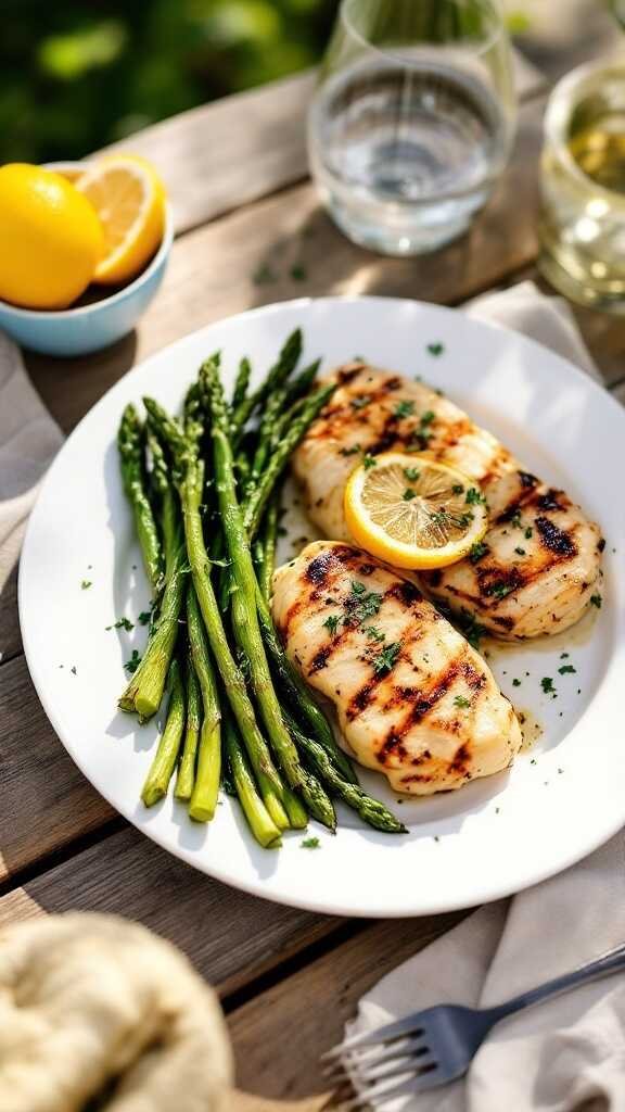 Grilled lemon herb chicken served with asparagus