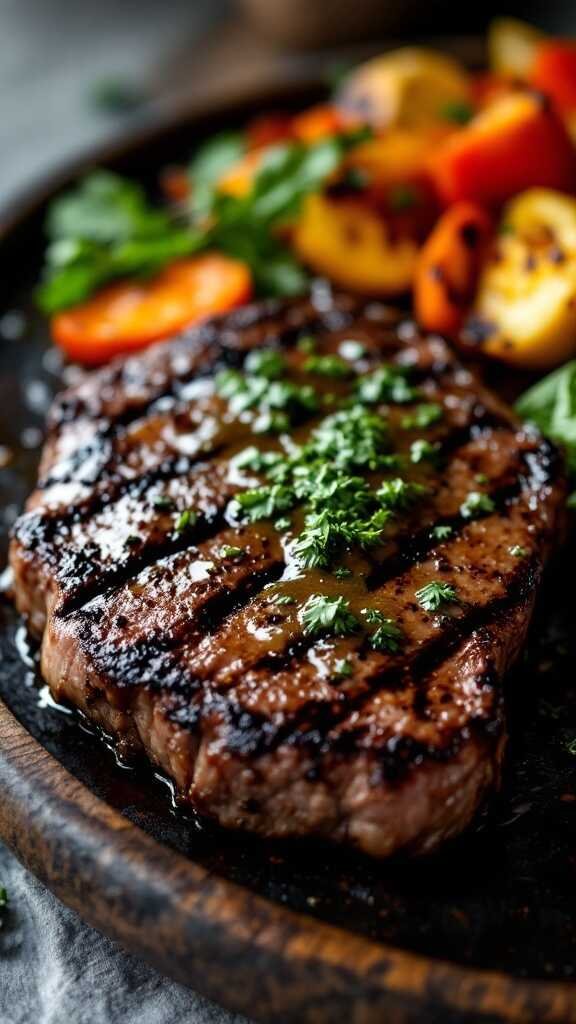 Grilled steak with chimichurri sauce garnished with parsley