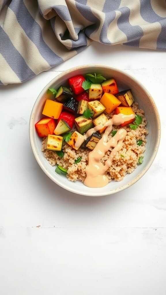 A bowl of grilled vegetables with quinoa and tahini sauce