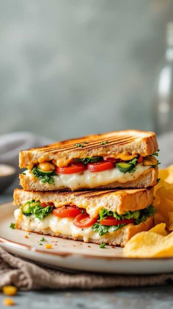 A grilled vegetable panini with layers of cheese and fresh vegetables, served with chips.