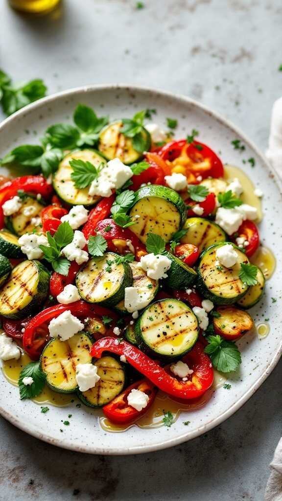 A colorful grilled vegetable salad with feta cheese garnished with parsley.