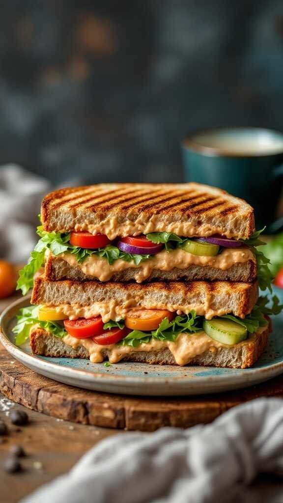 A stacked grilled vegetable sandwich with hummus and colorful veggies