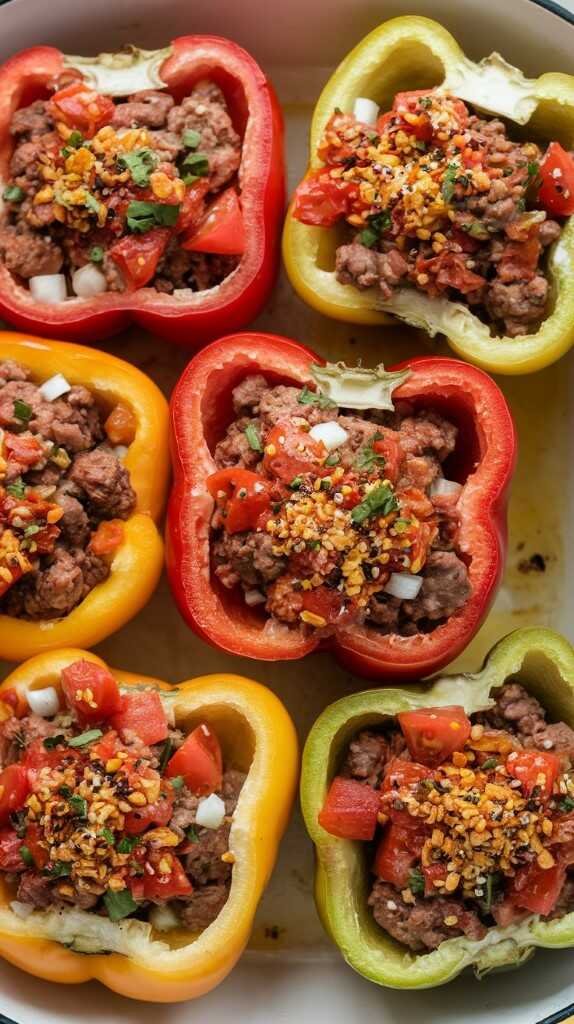 Colorful stuffed bell peppers filled with seasoned ground beef, diced tomatoes, and garnished with herbs and spices, creating a vibrant, appetizing dish.