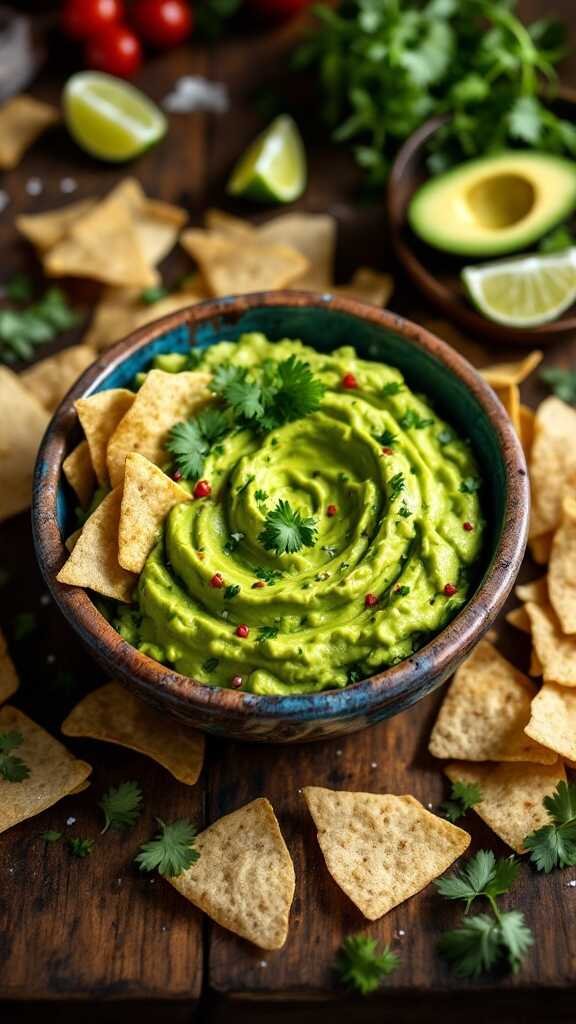 A vibrant bowl of guacamole surrounded by tortilla chips and fresh ingredients.
