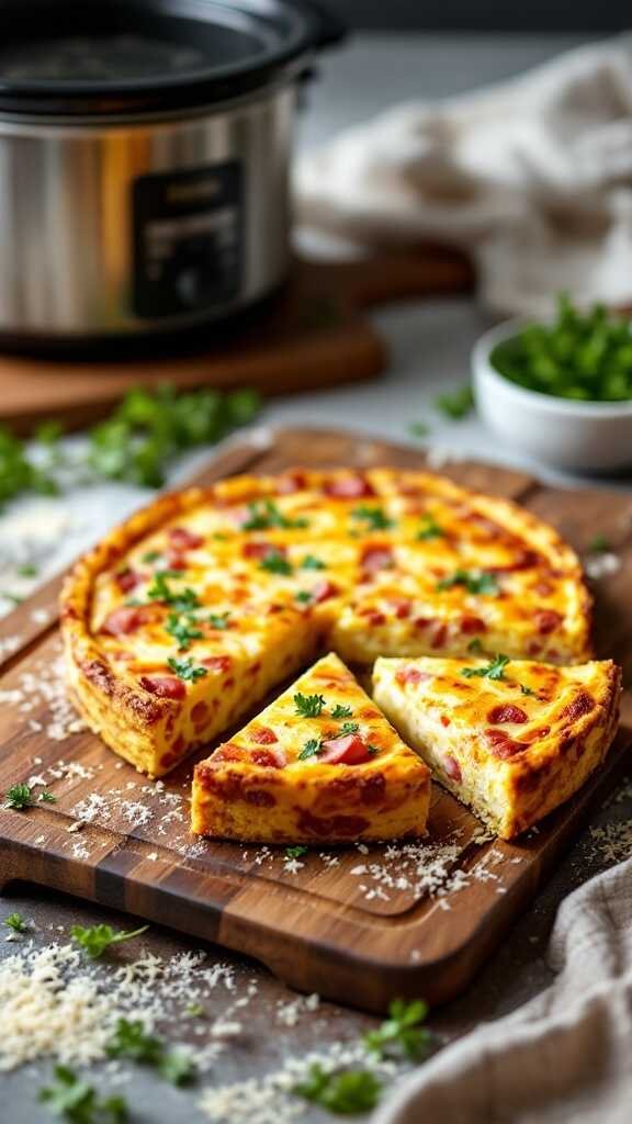 A delicious ham and cheese frittata served on a wooden cutting board with slices cut out.