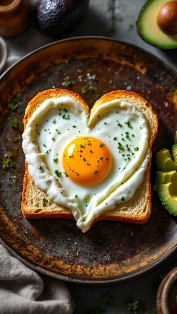 Heart-shaped egg in a basket made with toast and eggs