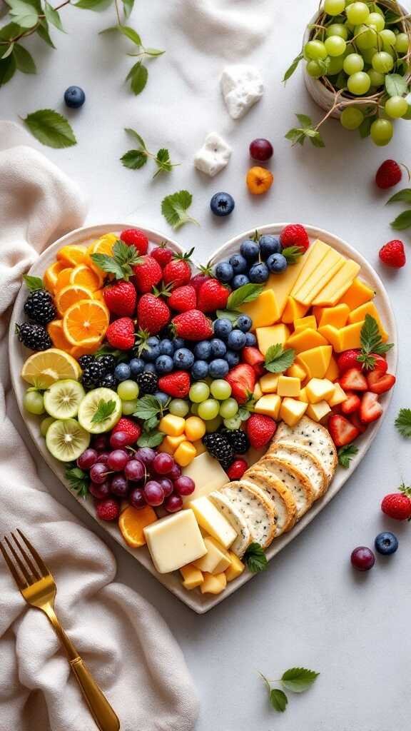 A heart-shaped platter filled with an assortment of fresh fruits and cheeses, perfect for Valentine's Day breakfast.