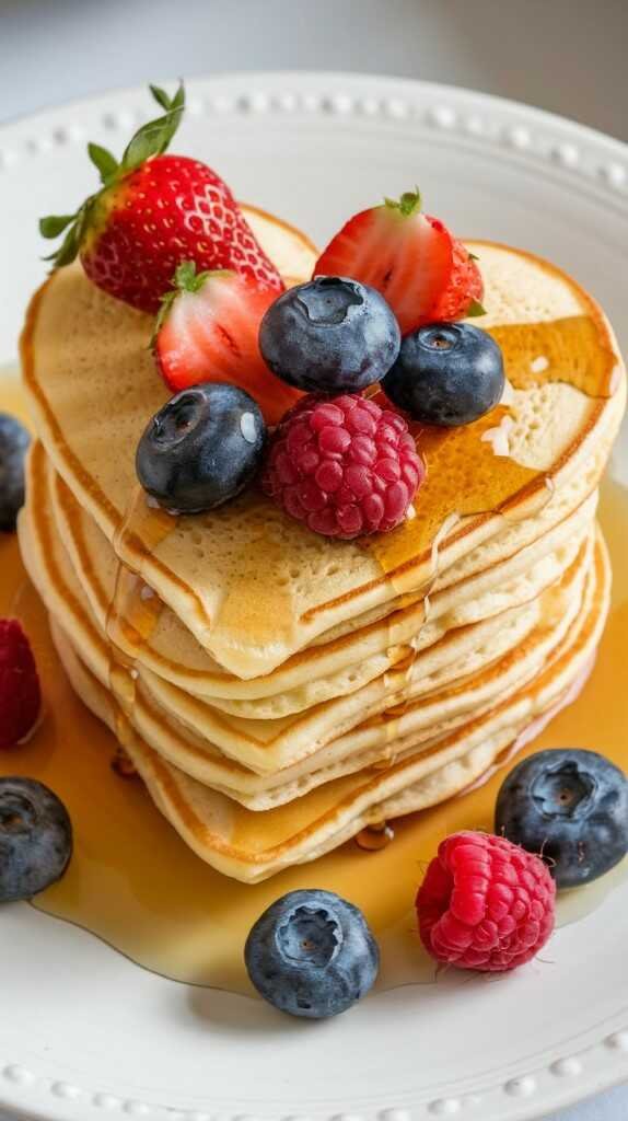 Delicious heart-shaped pancakes topped with fresh berries and maple syrup