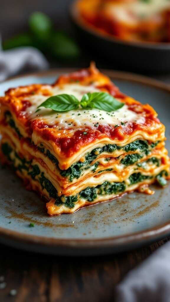 A serving of hearty vegetable lasagna on a plate.