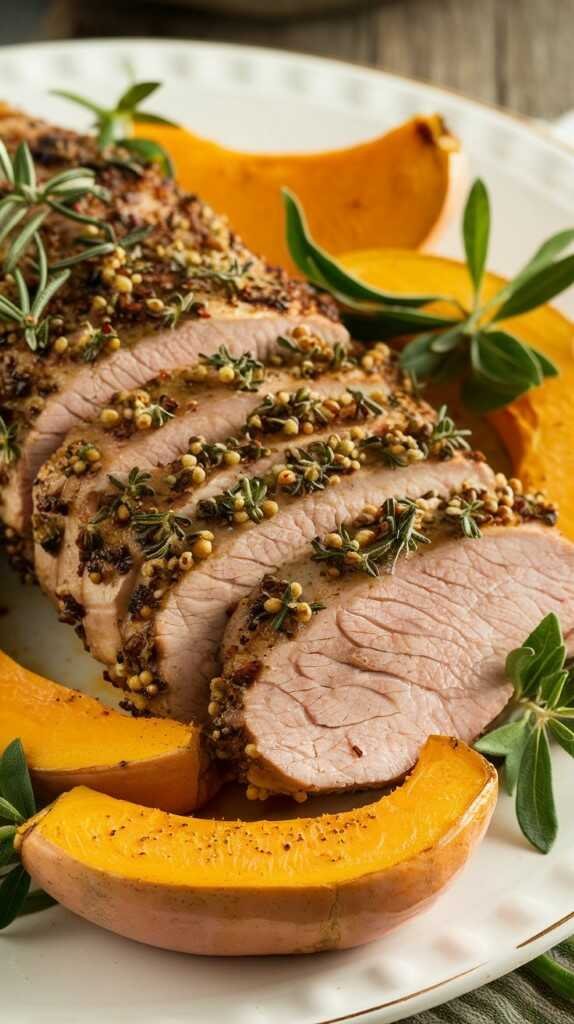 A beautifully cooked herb-crusted pork tenderloin, sliced to reveal its juicy interior.