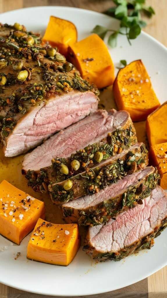 Slices of herb-crusted roast beef on a white plate, surrounded by vibrant orange cubes of seasoned sweet potato, garnished with fresh greens.