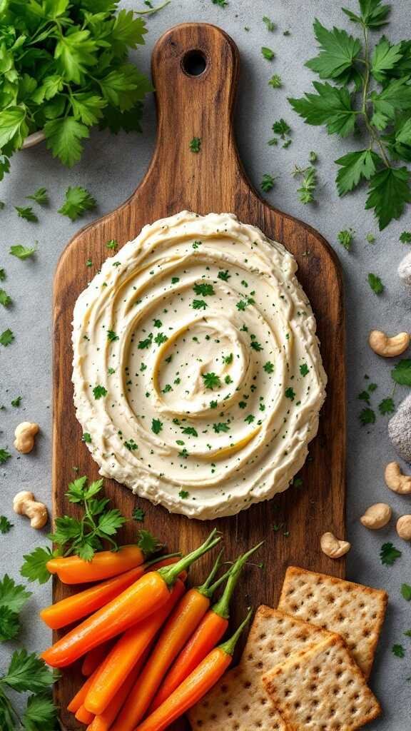 A beautiful serving of herbed cashew cheese with carrots and crackers on a wooden board.