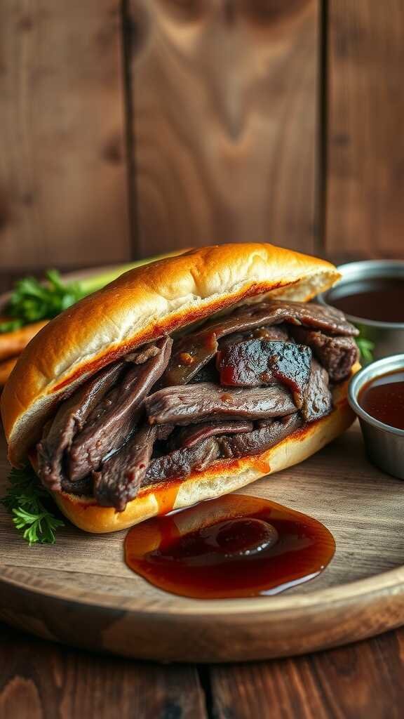 A delicious Herbed French Dip Sandwich filled with tender beef and served with a dipping sauce.