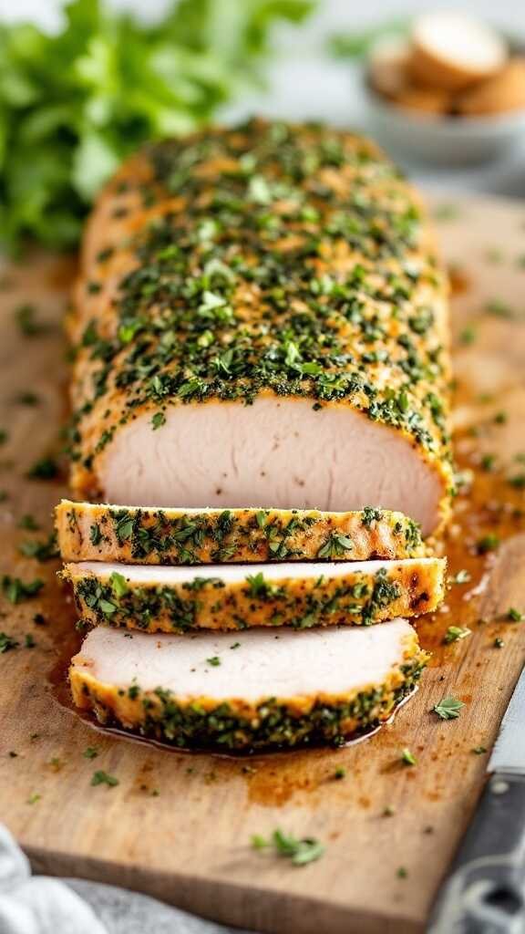 Herbed pork tenderloin sliced and garnished with herbs on a wooden cutting board