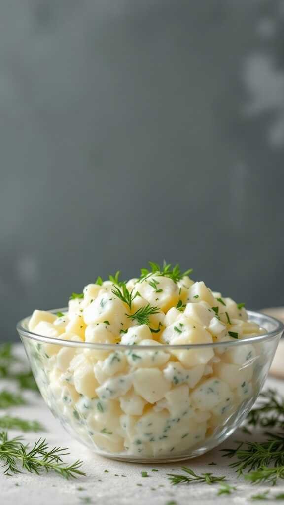 A bowl of herbed potato salad topped with fresh herbs.