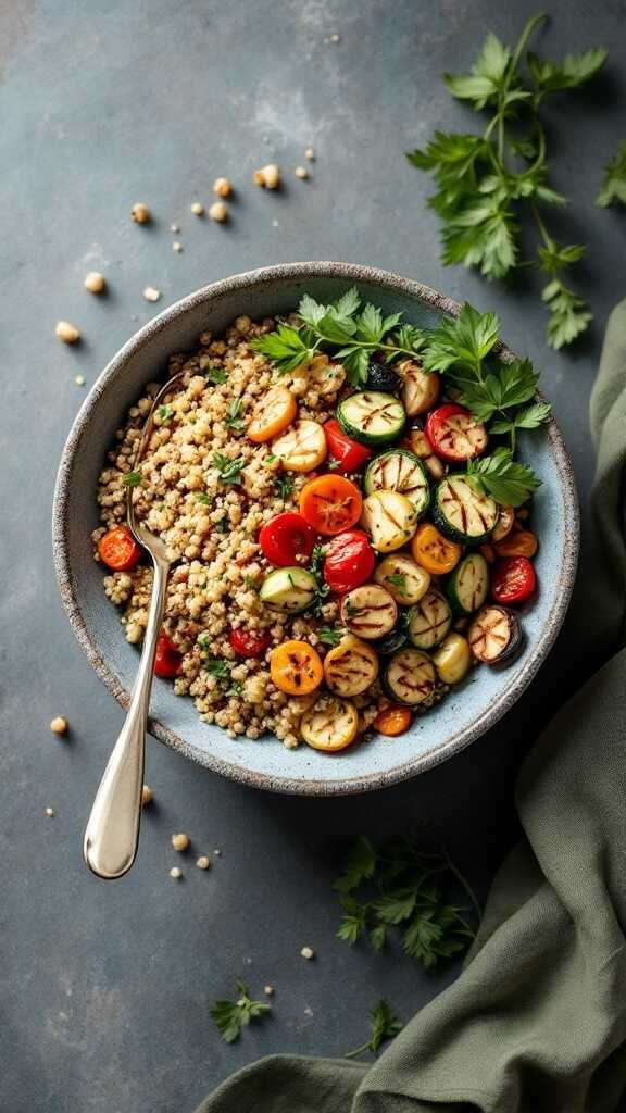 A bowl of herbed quinoa and grilled vegetables, garnished with fresh parsley.