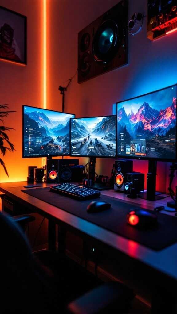 A gaming desk setup with multiple monitors, RGB lighting, and speakers