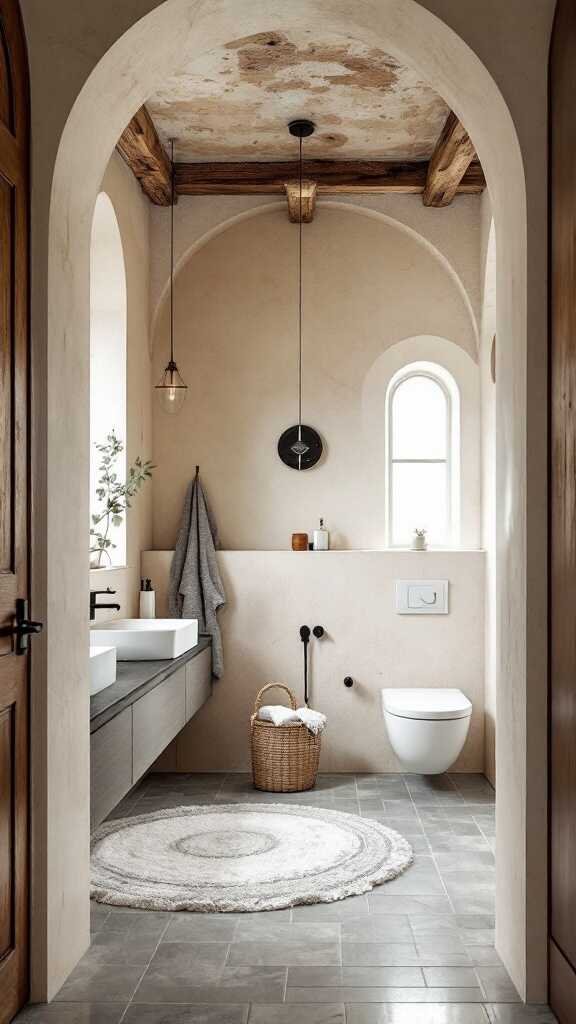 A modern small bathroom featuring an arched ceiling, wooden beams, sleek vanity, and natural light.