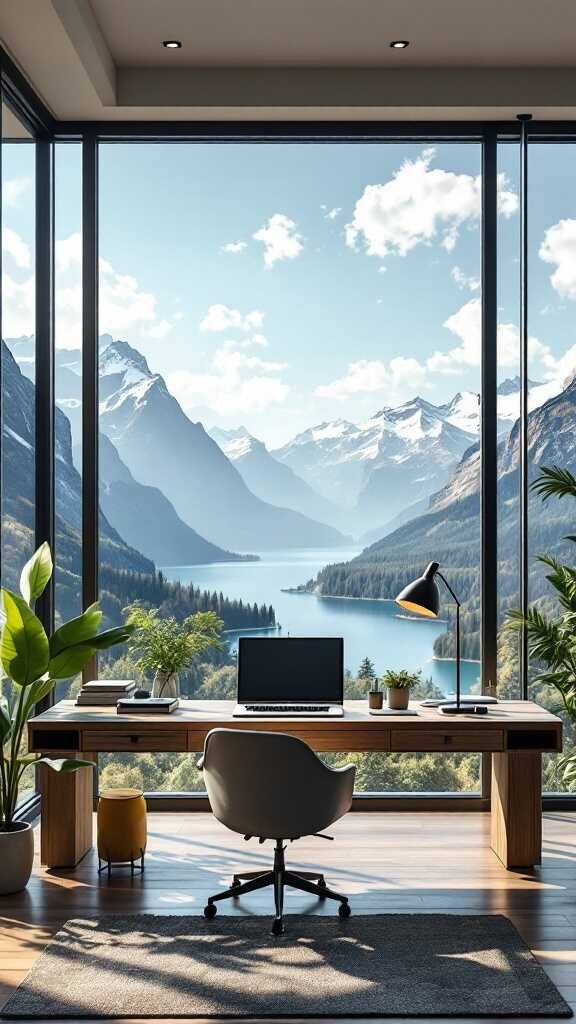 Modern home office with a view of mountains and a lake