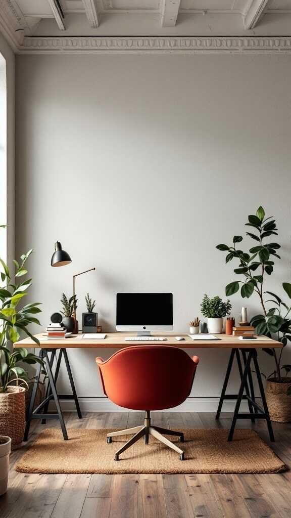 Modern home office featuring vintage elements and plants.