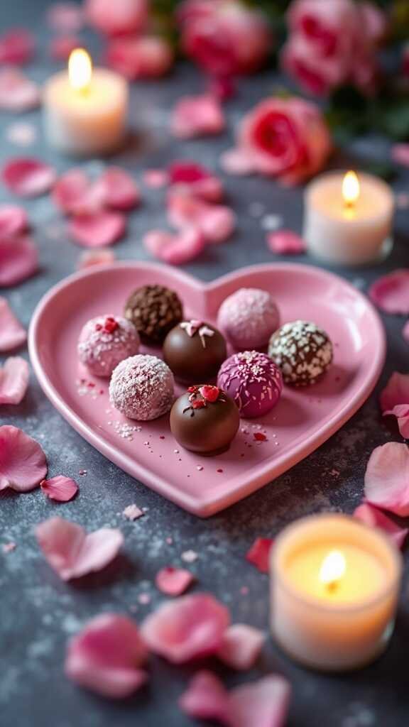 Delicious homemade chocolate truffles arranged on a heart-shaped plate, perfect for Valentine's Day.