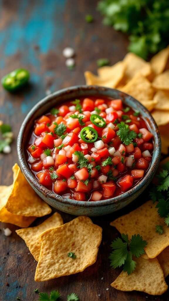 A bowl of homemade salsa with diced tomatoes, onion, and cilantro, served with tortilla chips.