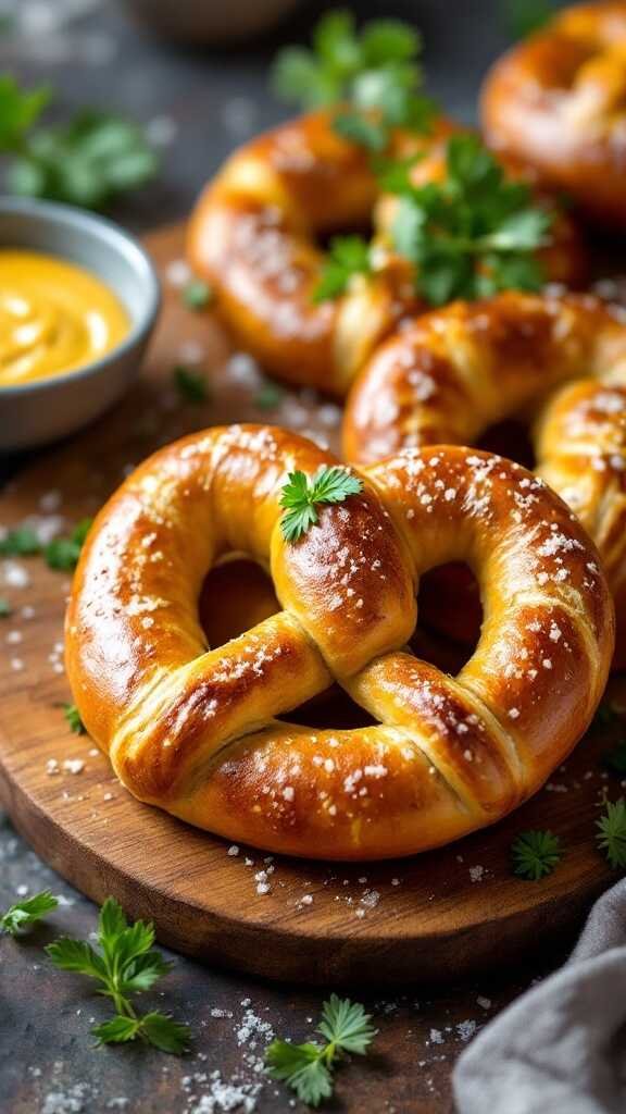 Delicious homemade soft pretzels on a wooden board with mustard sauce.