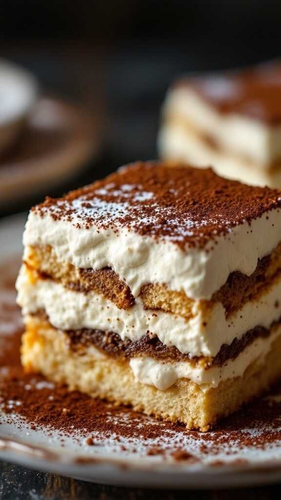 A delicious slice of homemade tiramisu dessert, showcasing layers of mascarpone and coffee-soaked ladyfingers.