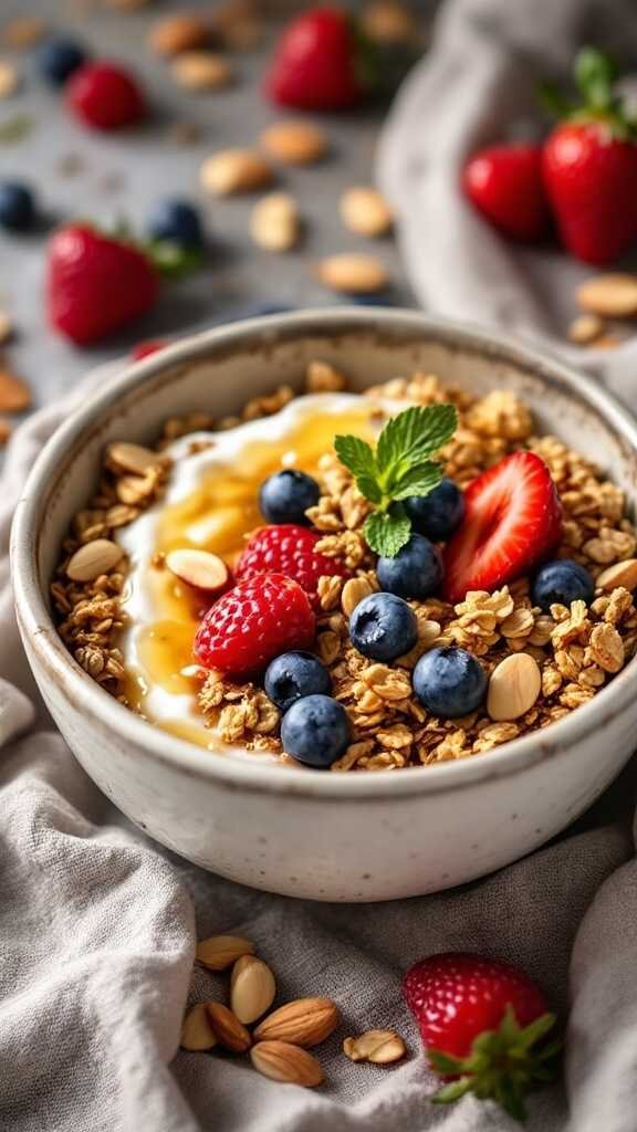 Honey and Almond Granola Bowl with yogurt and fresh berries