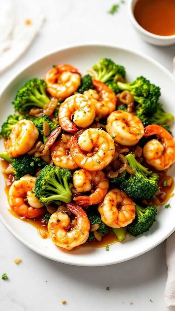 A plate of honey garlic shrimp with broccoli garnished with sesame seeds.