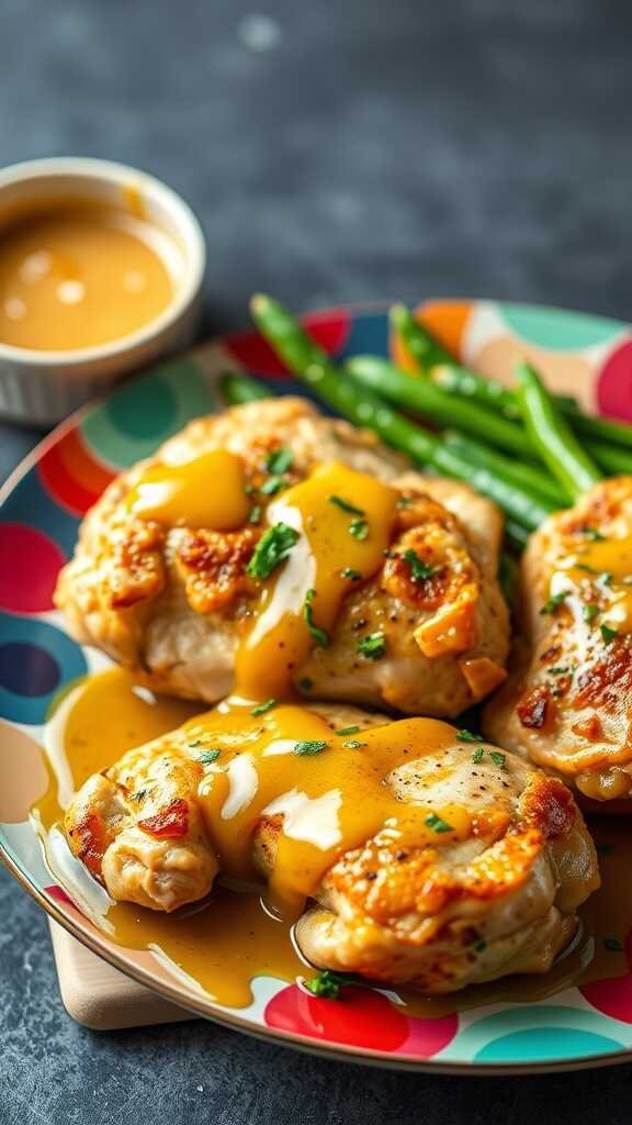 Delicious honey mustard chicken with sauce and green beans on a colorful plate.