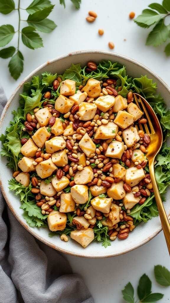 A colorful bowl of honey mustard chicken salad with greens, nuts, and diced chicken.