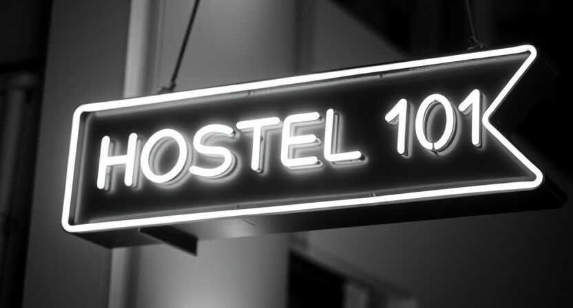 A glowing neon sign reads "HOSTEL 101" in bold white letters against a dark background. The ambiance is inviting and modern, with a welcoming tone.