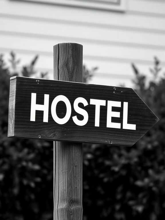 Black and white photo of a wooden sign with "HOSTEL" in bold white letters, mounted on a post, pointing towards the right. Background shows blurred foliage.