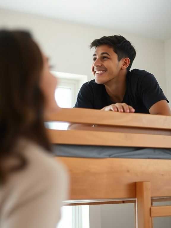 A young man smiles warmly while leaning on a wooden bunk bed. A blurred figure in the foreground gazes up at him. Bright and cheerful atmosphere.