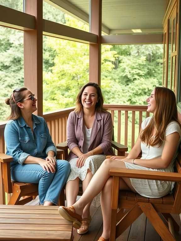 Three women sit on a porch, laughing and enjoying each other's company. They are surrounded by lush greenery, conveying a warm and cheerful mood.