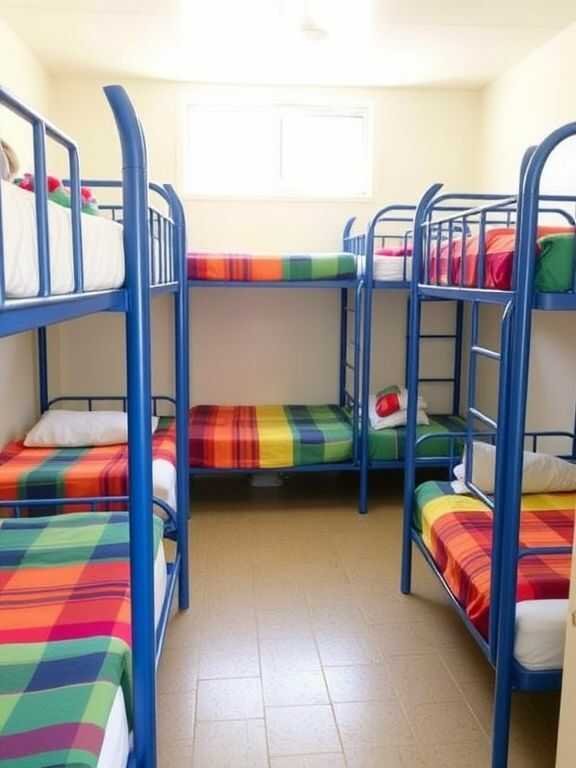 A bright dorm room with three blue metal bunk beds, each covered with colorful plaid blankets. Soft, natural light enters through a small window.