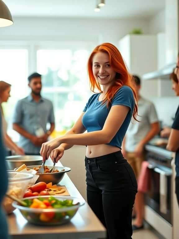 A smiling woman with red hair in a blue top prepares food with tongs in a bright kitchen. Three others socialize in the background, creating a warm and friendly atmosphere.