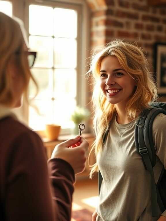 Young woman with a backpack smiles as she receives a key from another person in a sunlit, cozy room with a brick wall and framed art.