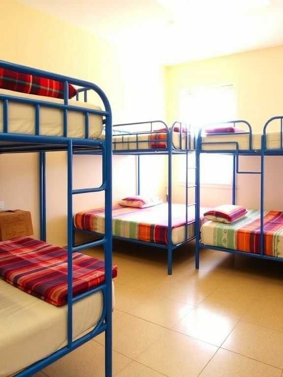 Bright dorm room with six blue metal bunk beds, each made with colorful striped bedding. The sunlight fills the space, creating a cheerful and cozy atmosphere.