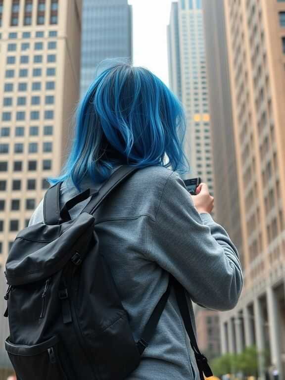 A person with vibrant blue hair and a backpack looks up at tall skyscrapers while holding a camera, capturing a moment in the urban landscape.