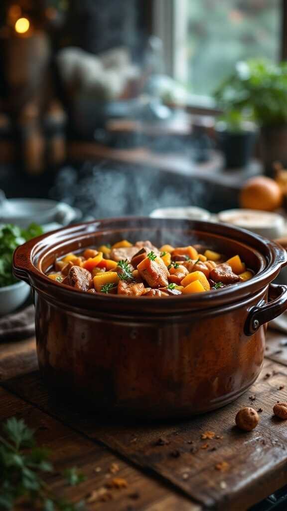 A rich and hearty Hunter's Stew in a crockpot, filled with chunks of meat and vegetables.