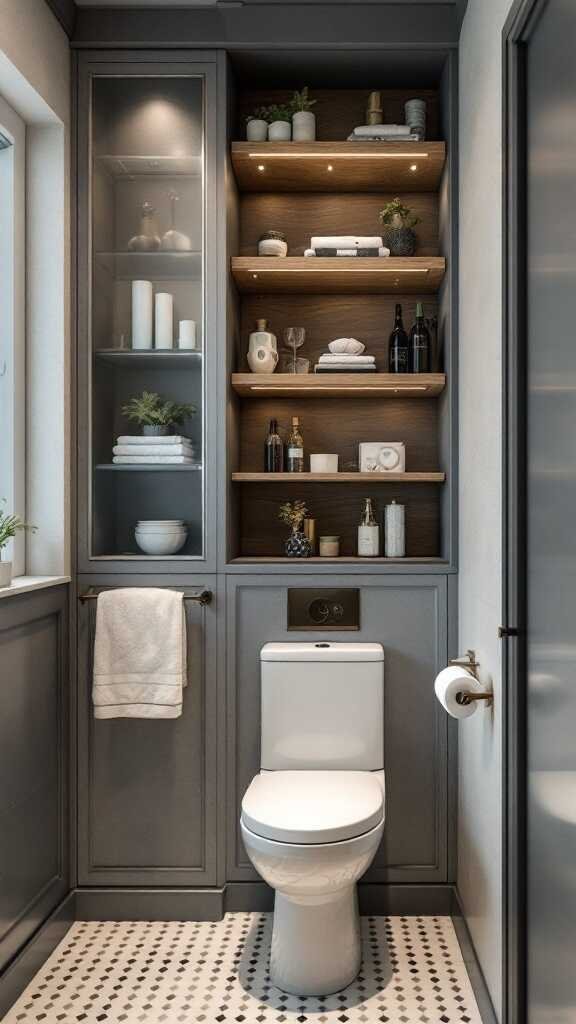 A modern small bathroom featuring built-in shelves and gray cabinetry for storage.