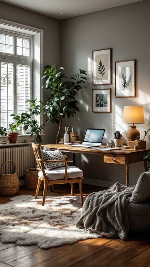 A cozy home office with a chair, desk, plants, and soft rug.