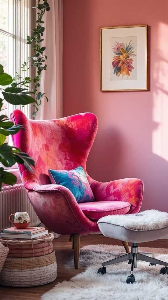 A vibrant pink chair with a colorful cushion in a feminine home office setting.