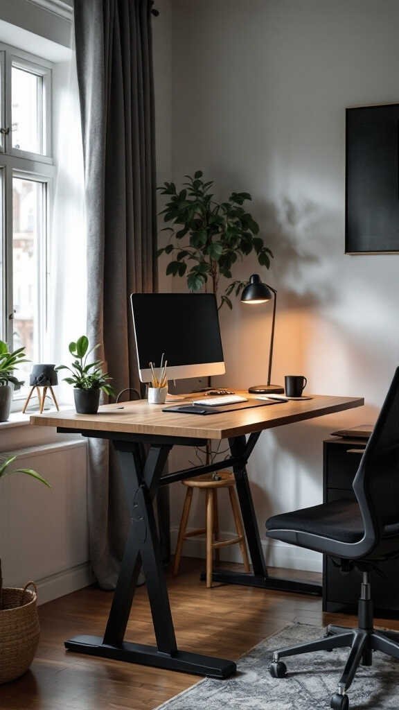 A modern home office featuring a standing desk, computer, and plants.