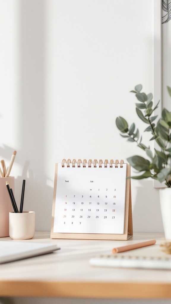 A stylish calendar on a desk surrounded by office supplies and plants.